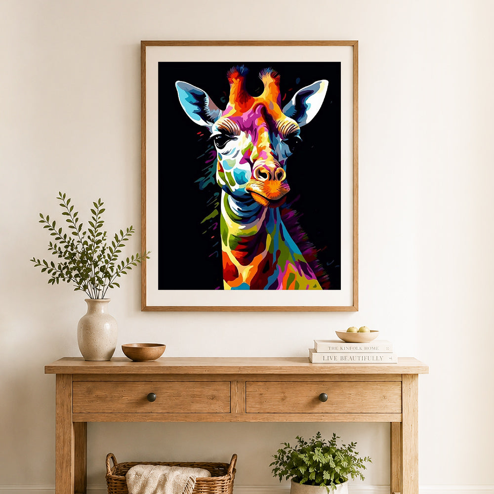 Finished neon pop‑art giraffe cross stitch artwork displayed as home decor