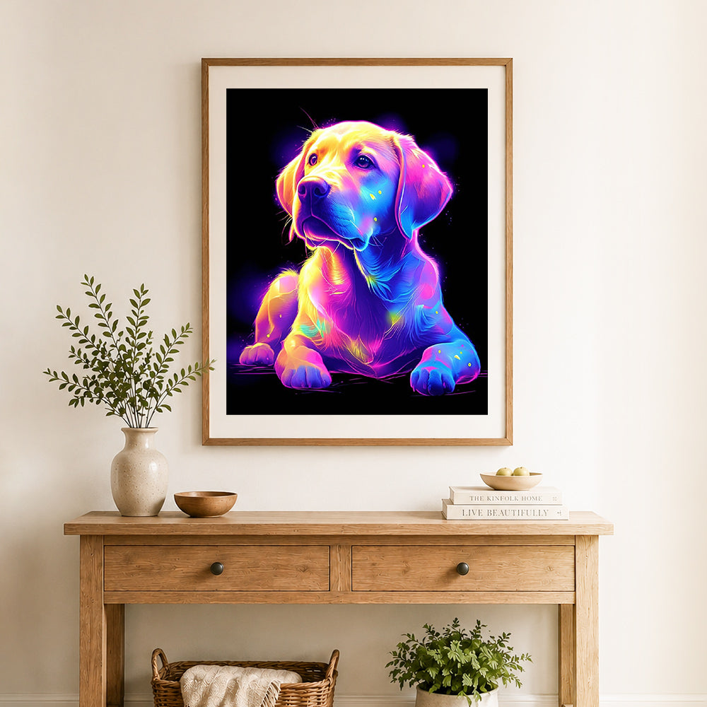 Finished neon pup cross stitch artwork displayed as home decor