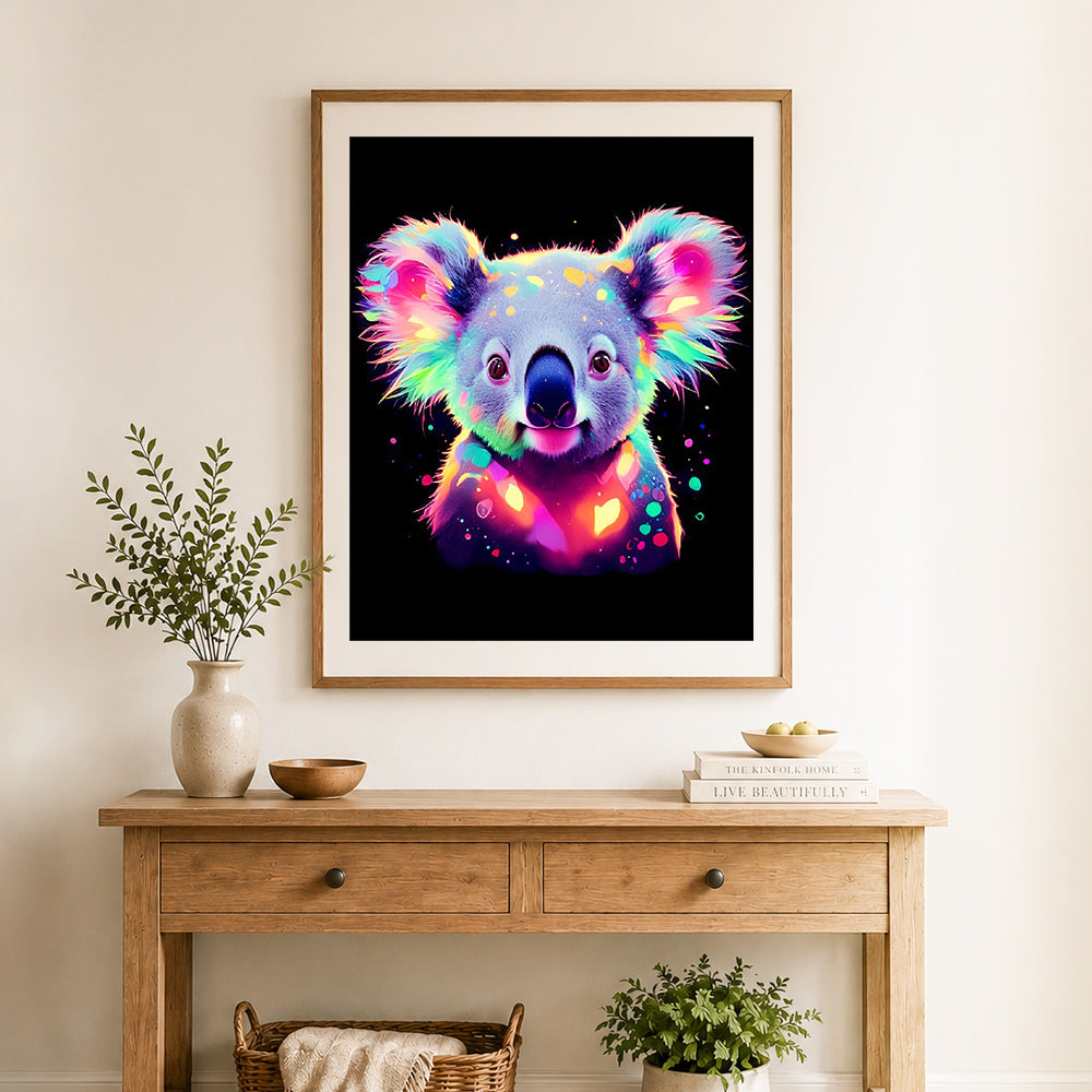 Finished neon rainbow koala cross stitch artwork displayed as home decor