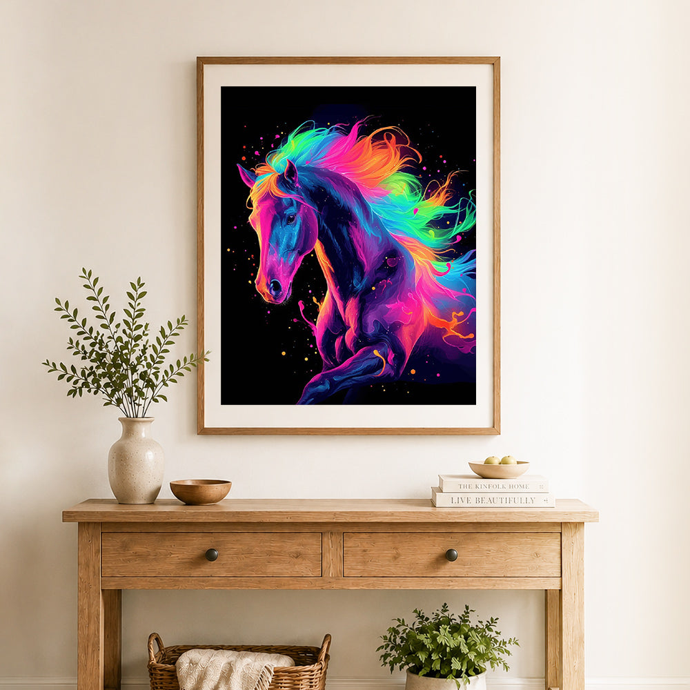 Finished neon running horse cross stitch artwork displayed as home decor