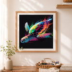 Finished neon sea turtle cross stitch artwork displayed as home decor