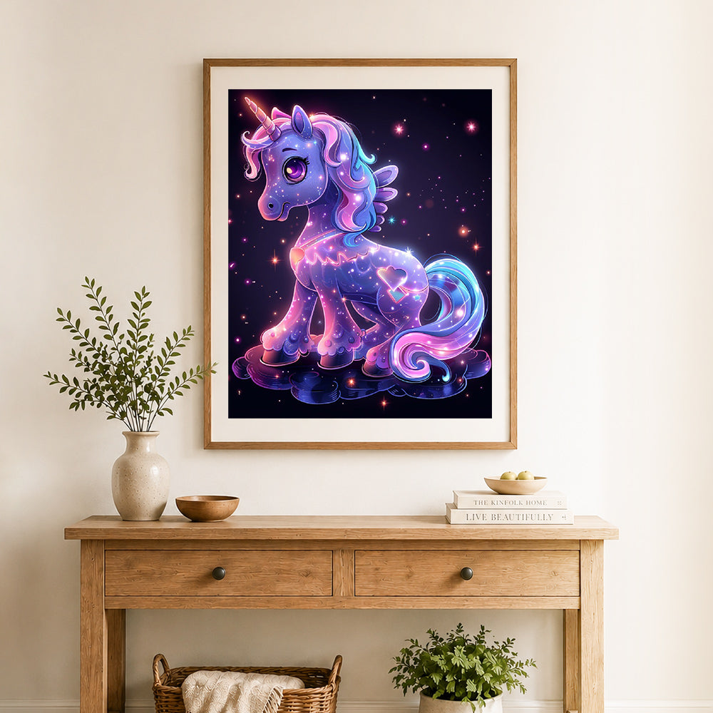 Finished neon sparkle unicorn cross stitch artwork displayed as home decor