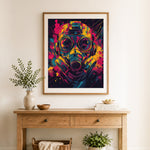 Finished neon splash gas mask cross stitch artwork displayed as home decor