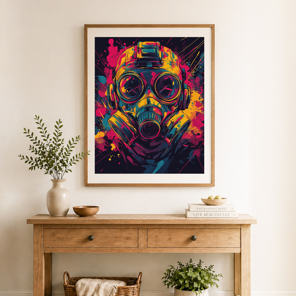 Finished neon splash gas mask cross stitch artwork displayed as home decor