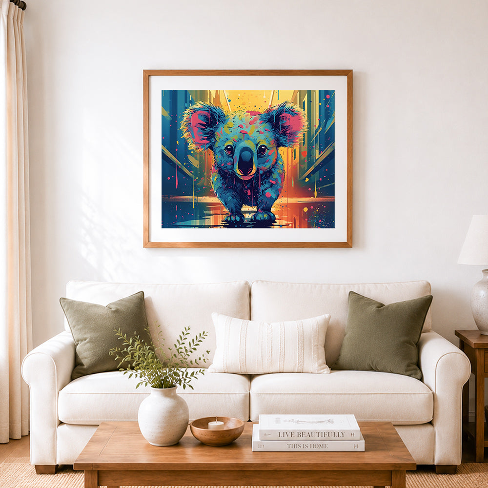 Finished neon street koala cross stitch artwork displayed as home decor