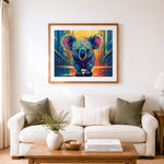 Finished neon street koala cross stitch artwork displayed as home decor