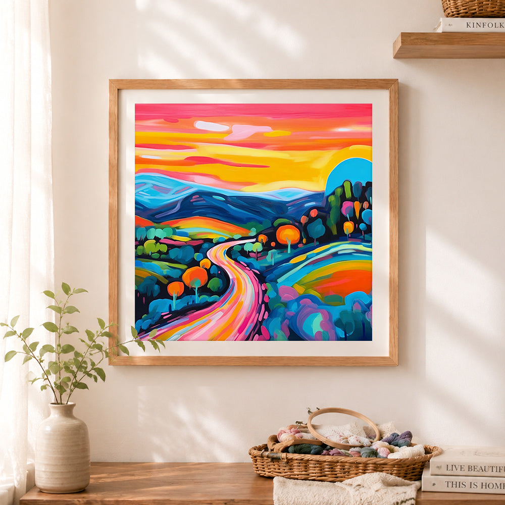 Finished neon sunset winding road cross stitch artwork displayed as home decor
