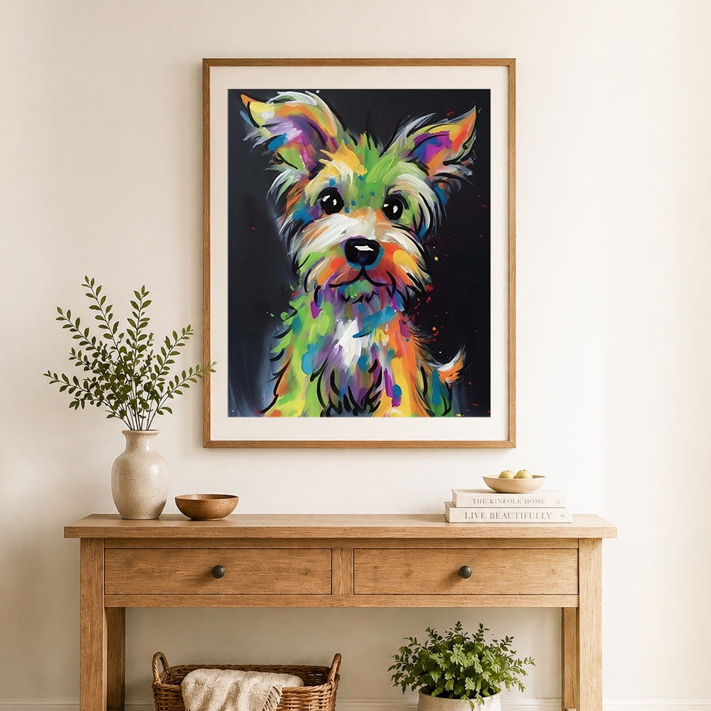 Finished neon terrier on black background cross stitch artwork displayed as home decor