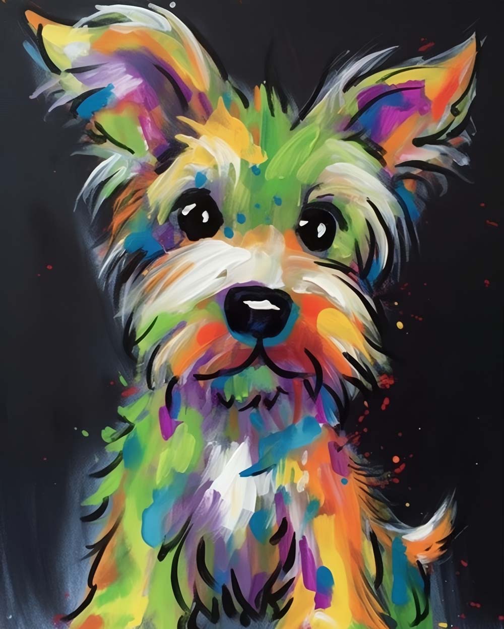 Neon terrier on black background cross stitch kit for beginners