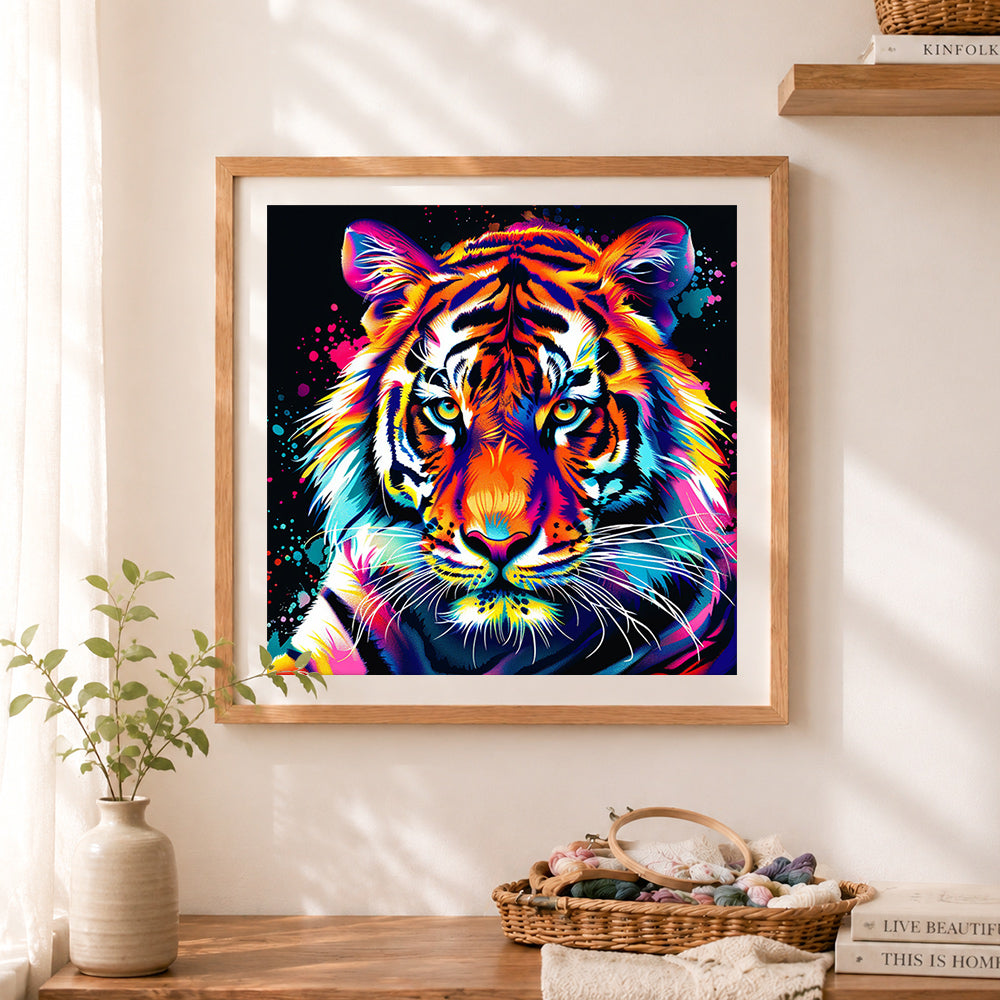 Finished neon tiger cross stitch artwork displayed as home decor
