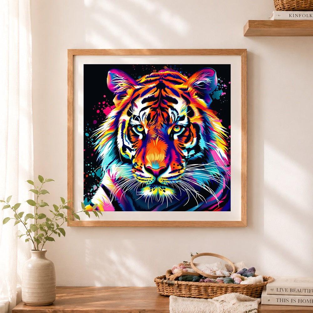 Finished neon tiger paint by numbers artwork displayed as home decor