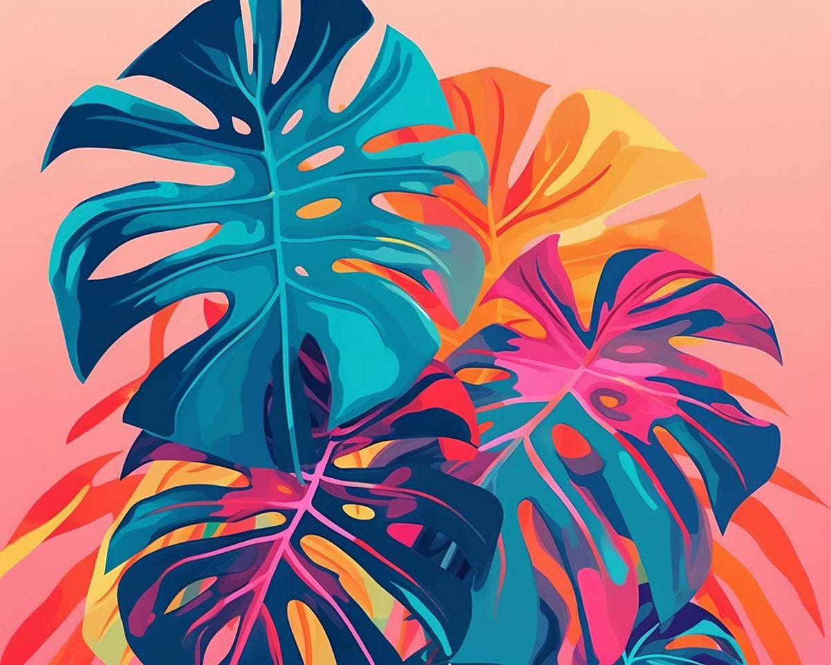Neon tropical monstera leaves cross stitch kit for beginners