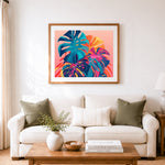 Finished neon tropical monstera leaves paint by numbers artwork displayed as home decor