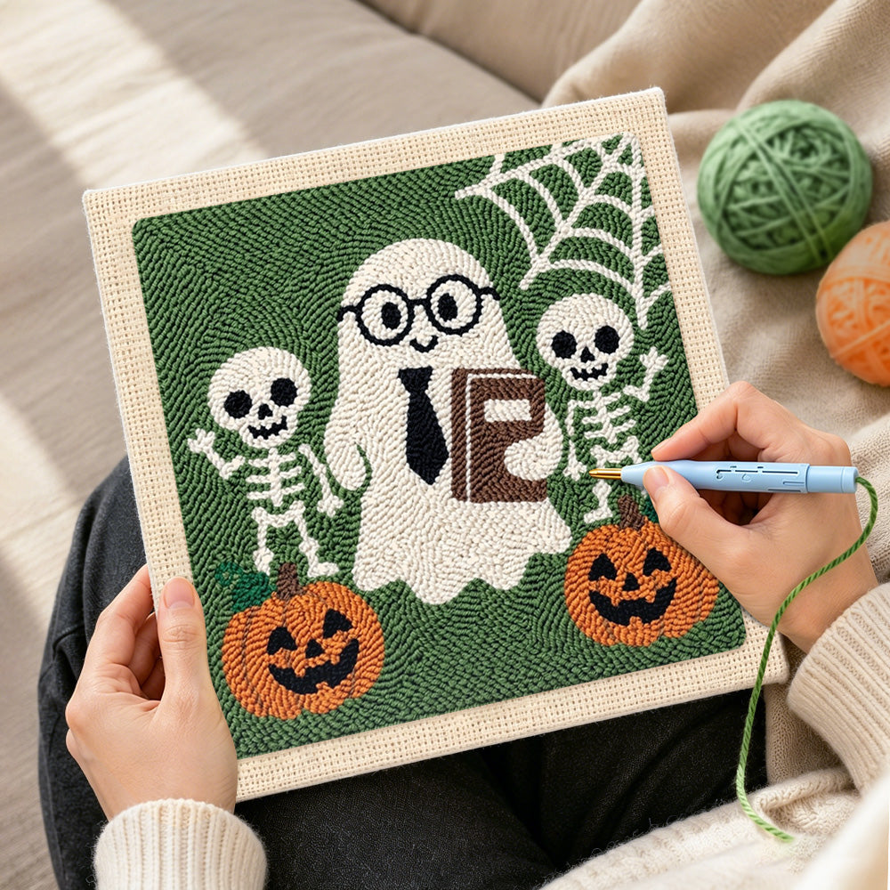 Creating handmade nerd ghost with skeleton friends punch needle artwork