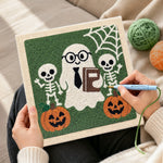 Creating handmade nerd ghost with skeleton friends punch needle artwork