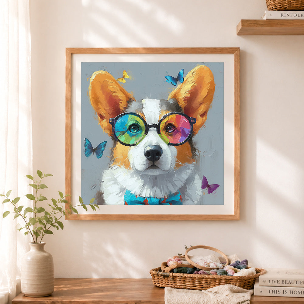 Finished nerdy corgi and butterflies cross stitch artwork displayed as home decor