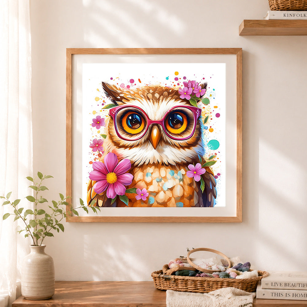 Finished nerdy owl with pink glasses cross stitch artwork displayed as home decor