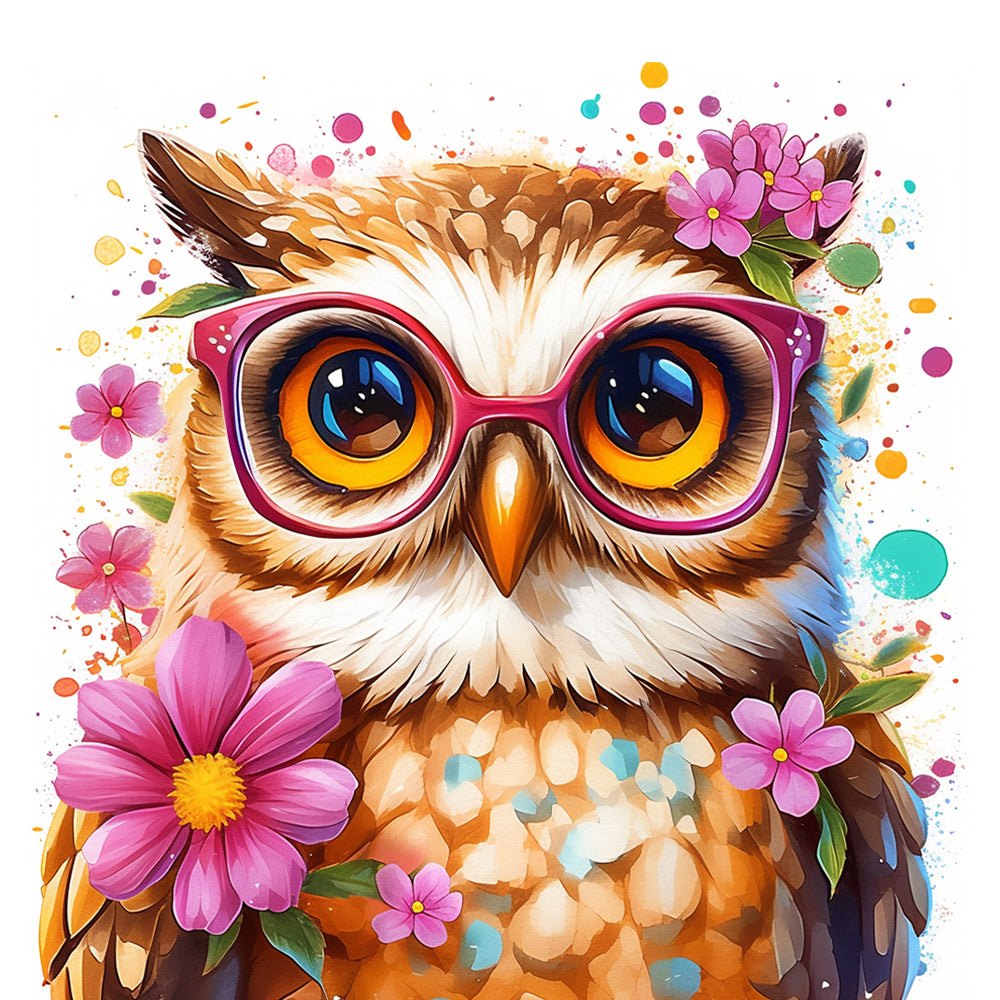 Nerdy owl with pink glasses cross stitch kit for beginners