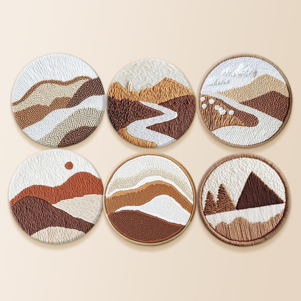 Neutral color mountains and rivers punch needle coaster kit finished handmade coasters