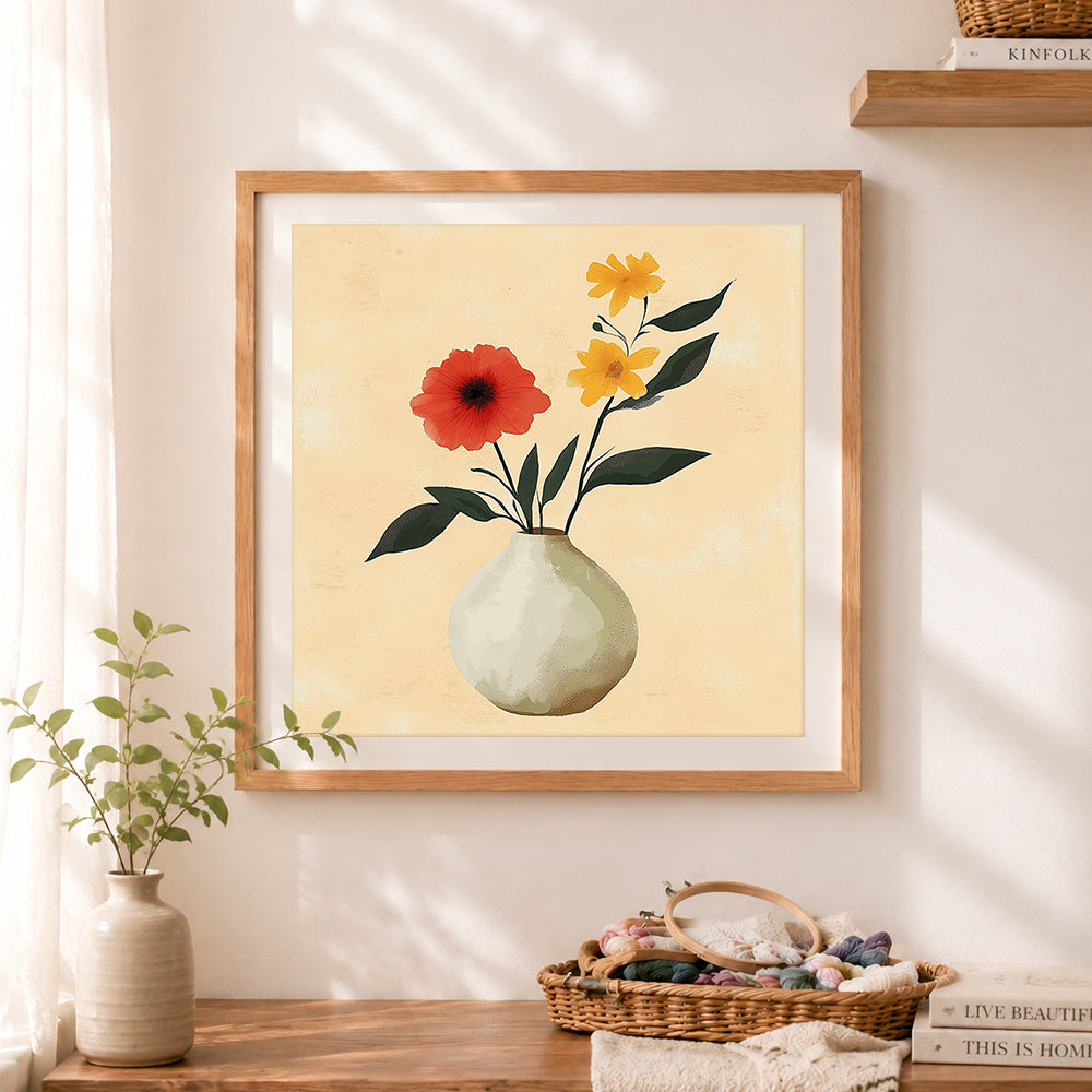 Finished neutral vase floral arrangement cross stitch artwork displayed as home decor