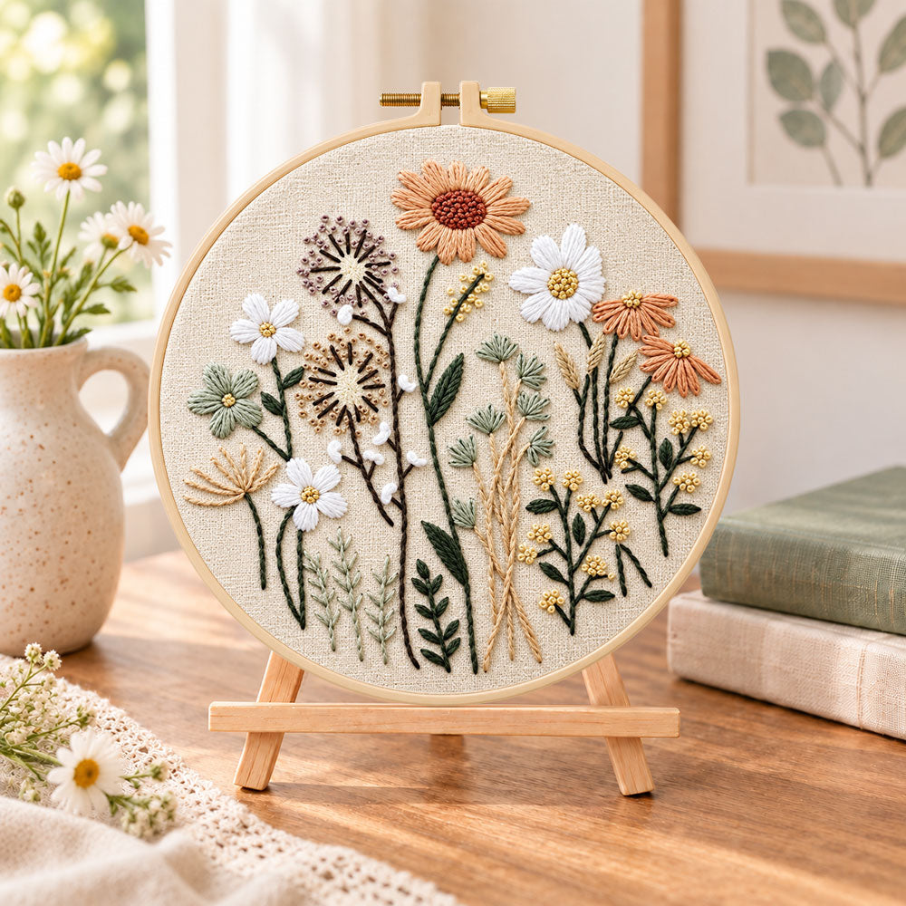 Neutral wild blooms embroidery kit finished hoop displayed on a wooden stand as cozy tabletop decor