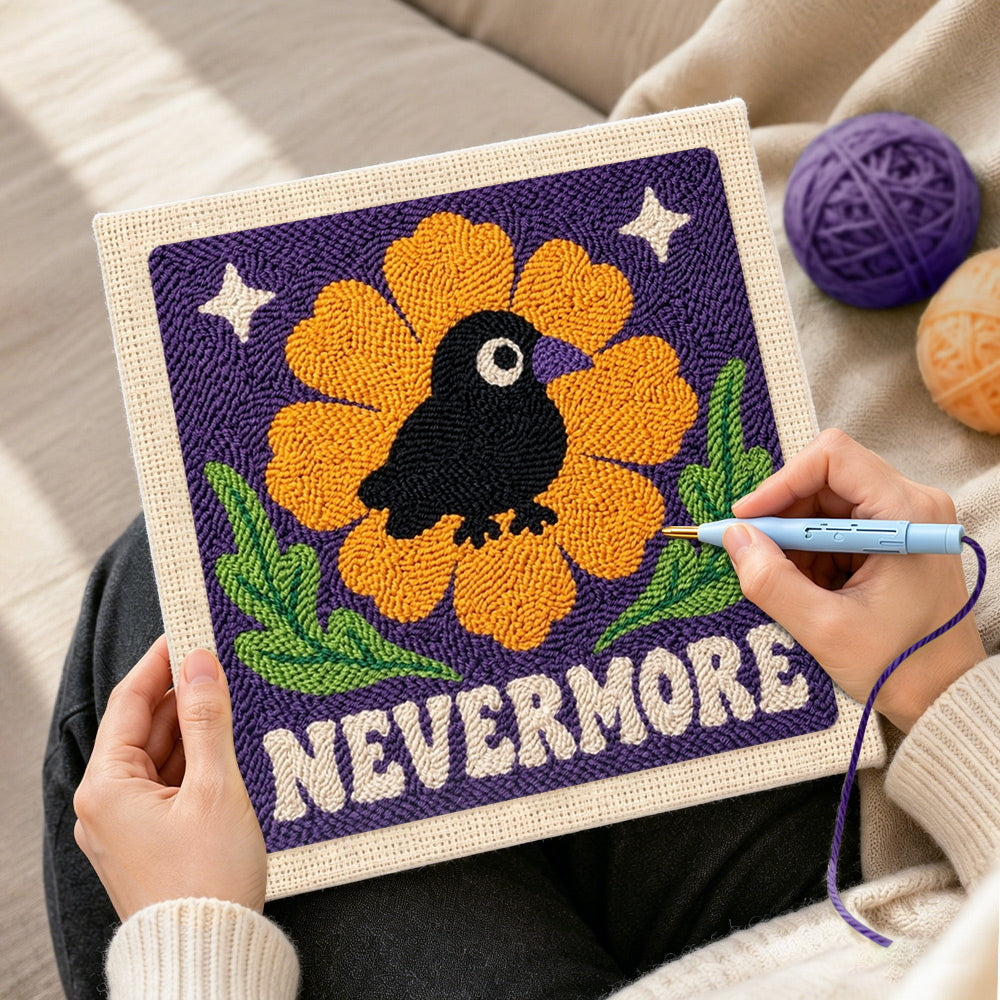 Creating handmade nevermore raven floral punch needle artwork