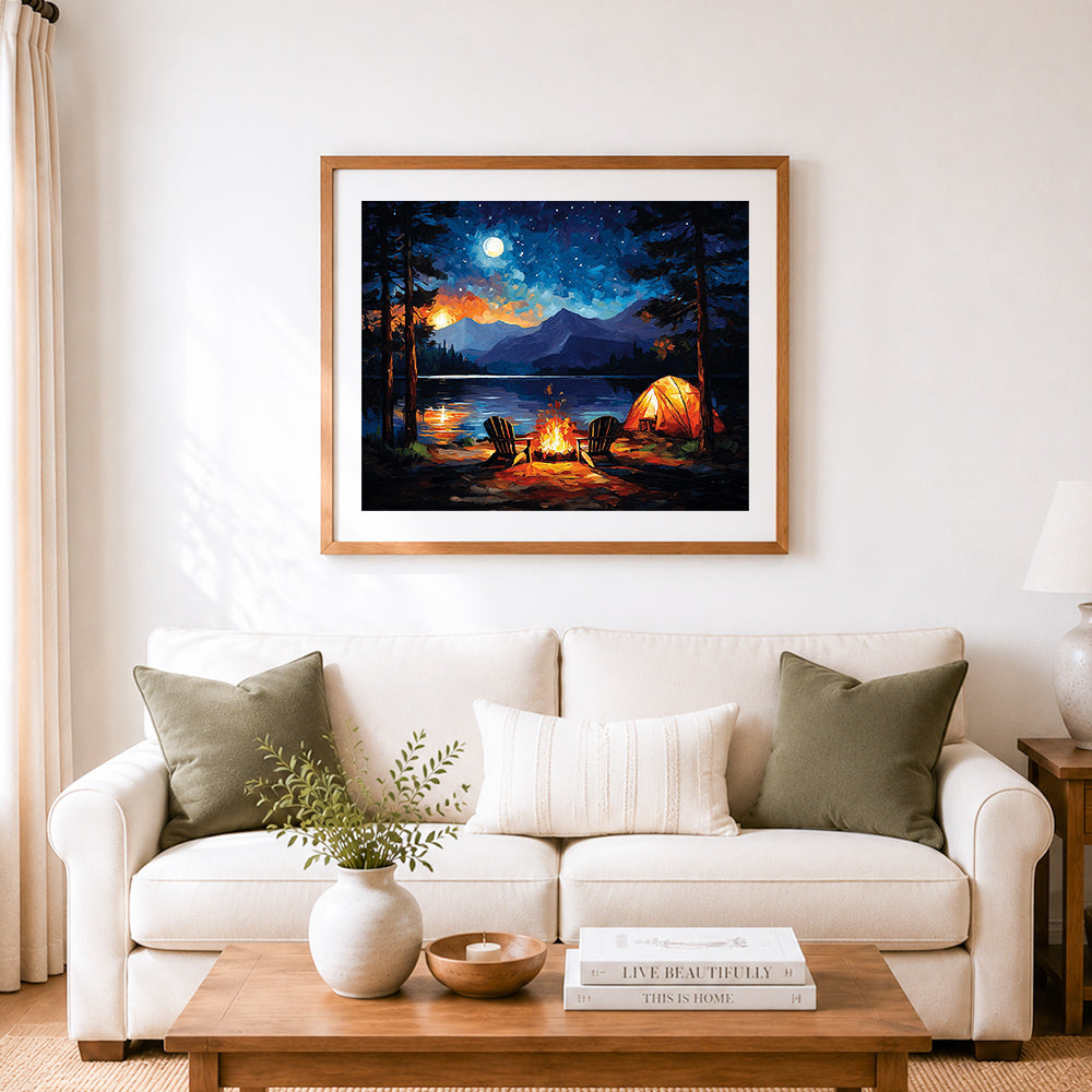Finished night camping beside lake cross stitch artwork displayed as home decor