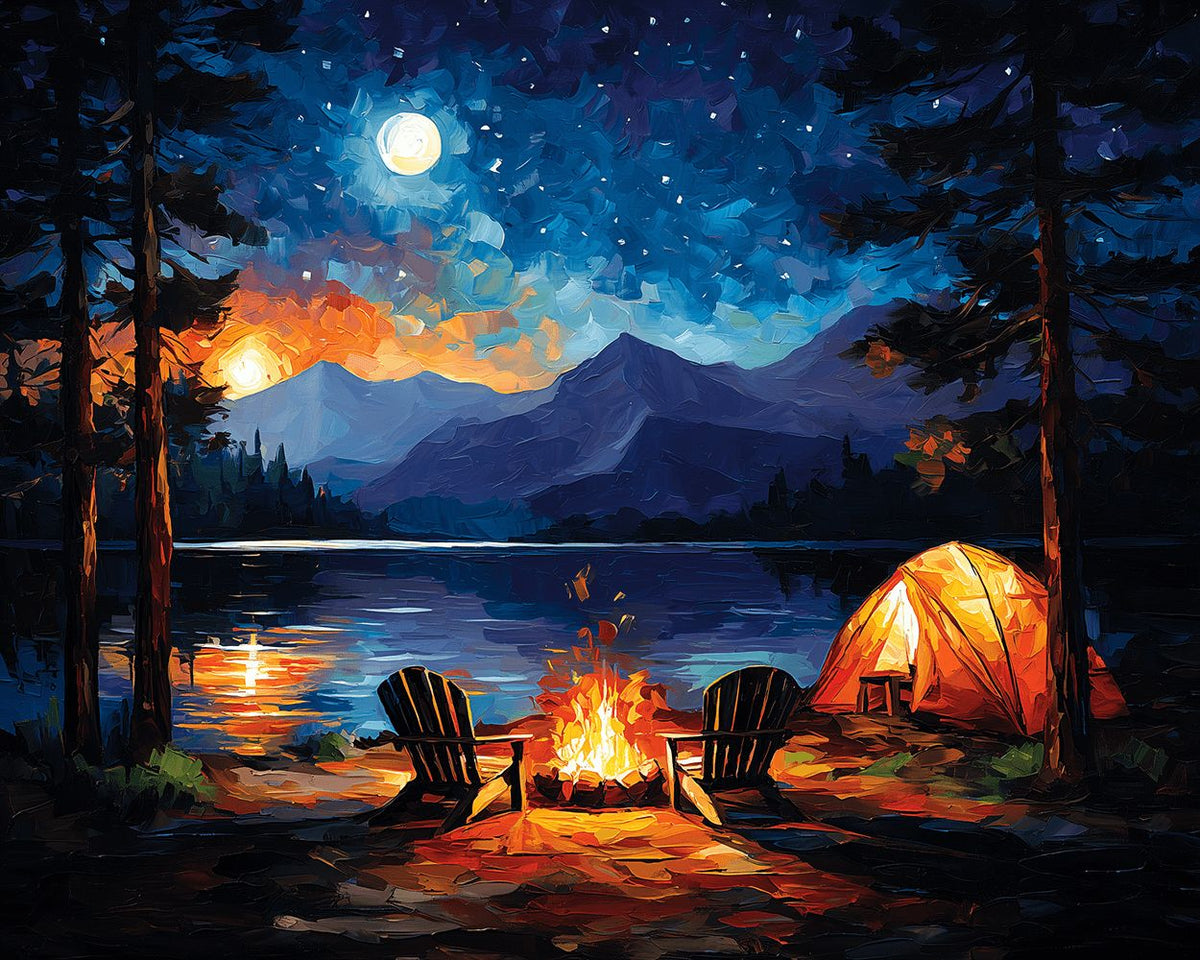 Night camping beside lake cross stitch kit for beginners