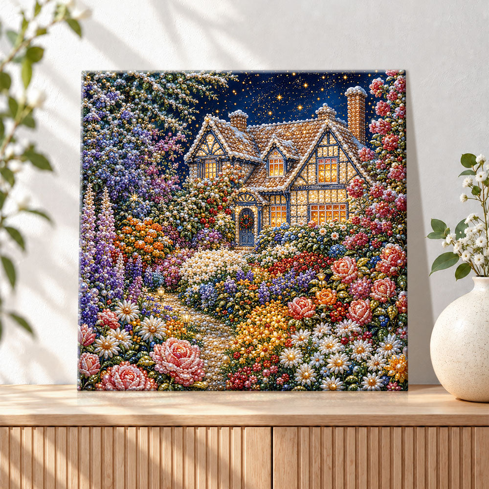 Finished night cottage surrounded by blooms pearl diamond painting artwork displayed as holiday home decor