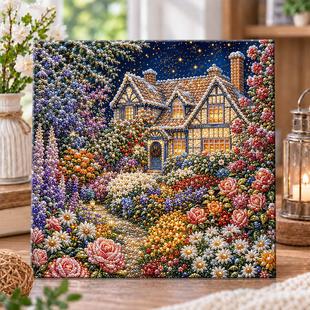Night cottage surrounded by blooms pearl diamond painting kit for beginners