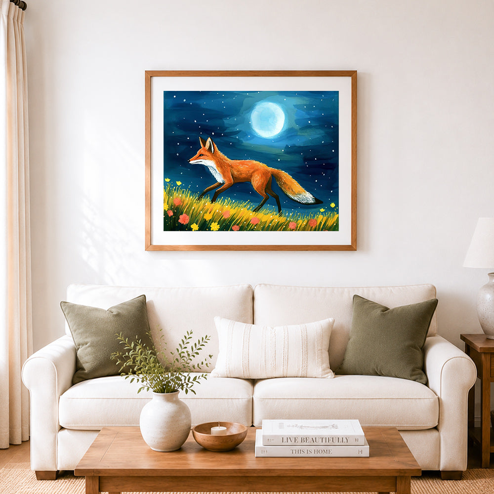 Finished night fox in flower meadow cross stitch artwork displayed as home decor