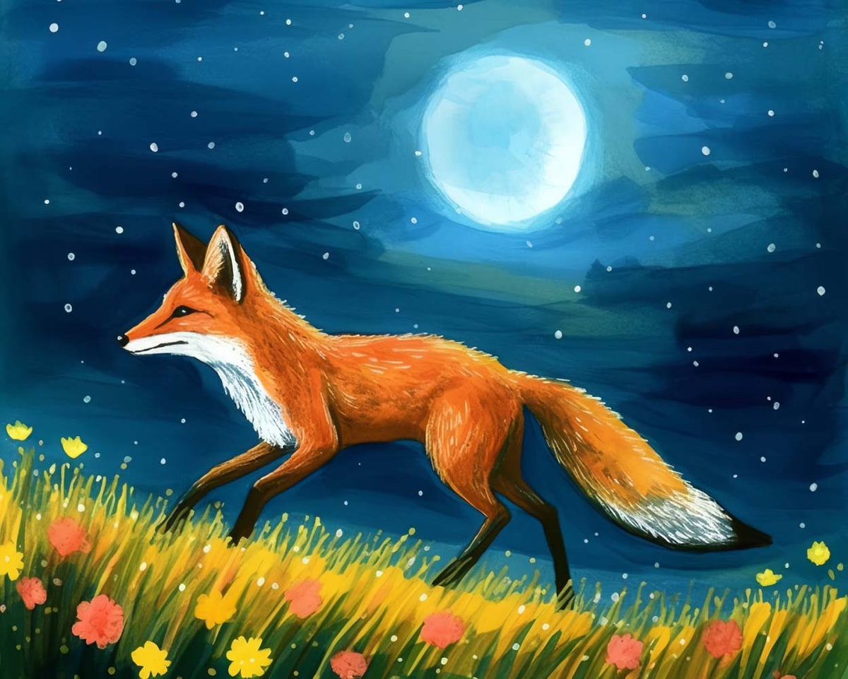 Night fox in flower meadow cross stitch kit for beginners