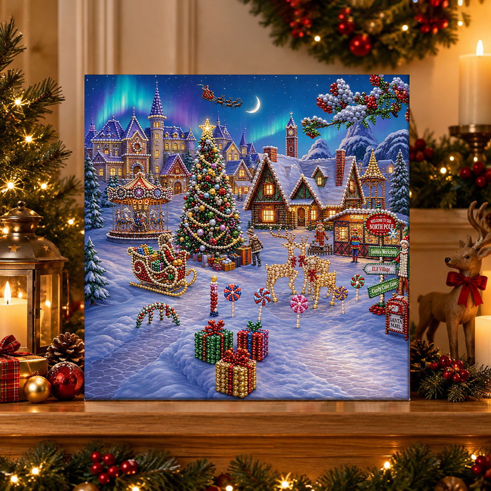 Finished north pole christmas village pearl diamond painting artwork displayed as holiday home decor