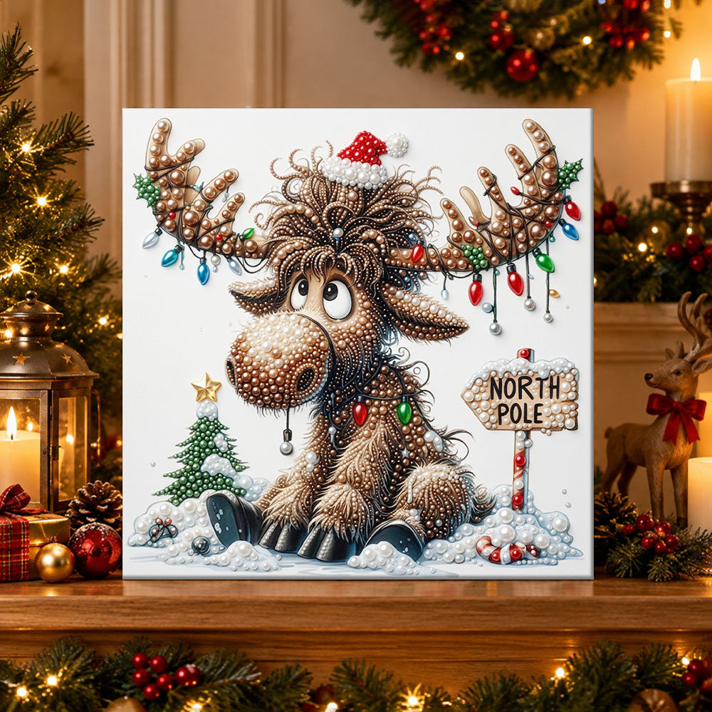 Finished north pole moose pearl diamond painting artwork displayed as holiday home decor