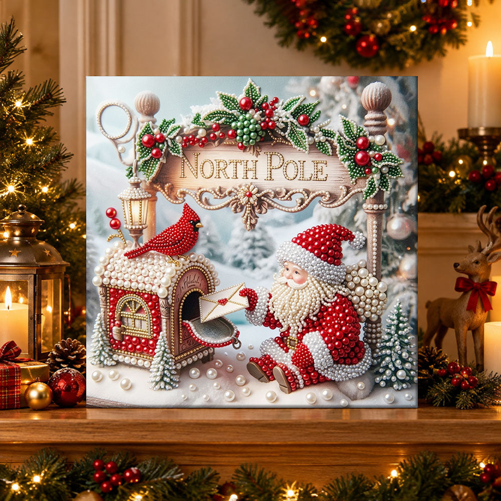 Finished north pole post mail pearl diamond painting artwork displayed as holiday home decor