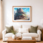 Finished nostalgic urban street scene cross stitch artwork displayed as home decor