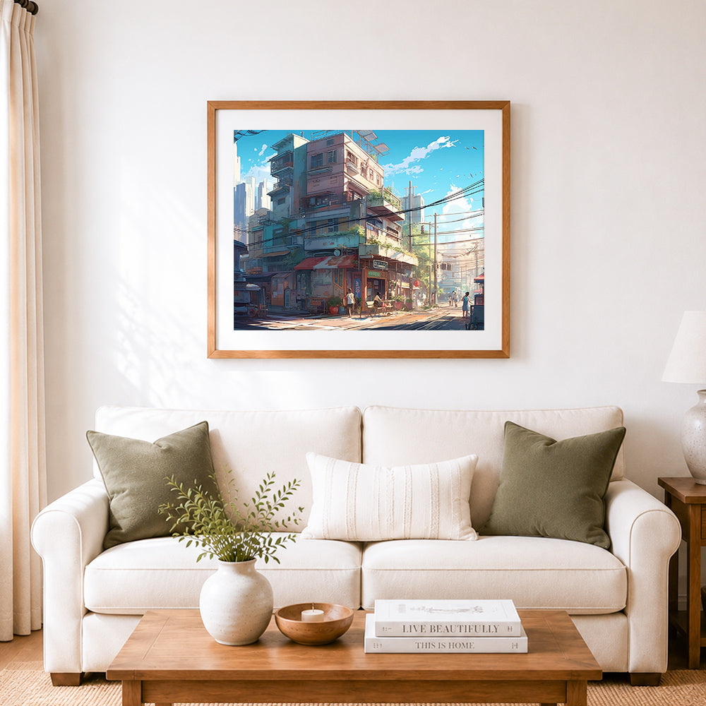 Finished nostalgic urban street scene cross stitch artwork displayed as home decor