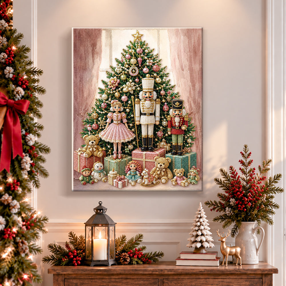 Finished nutcracker and christmas dolls pearl diamond painting artwork displayed as holiday home decor