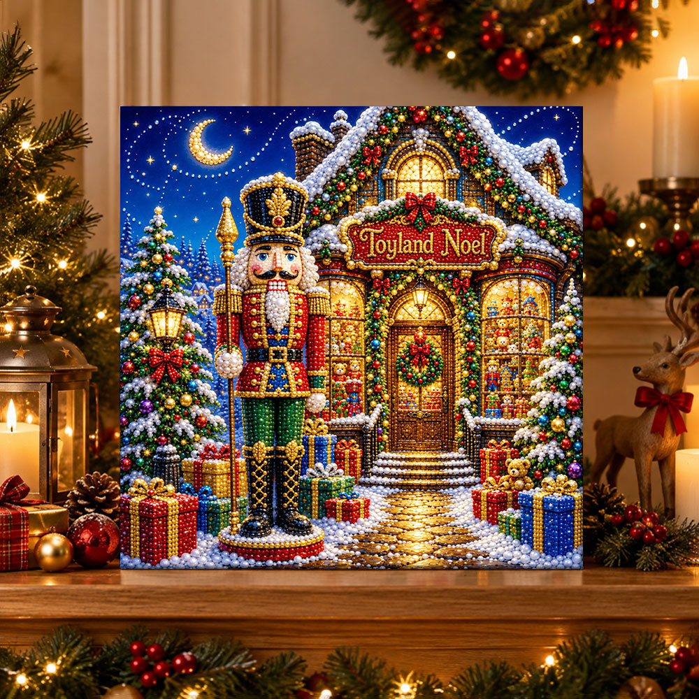 Finished nutcracker toyland noel pearl diamond painting artwork displayed as holiday home decor