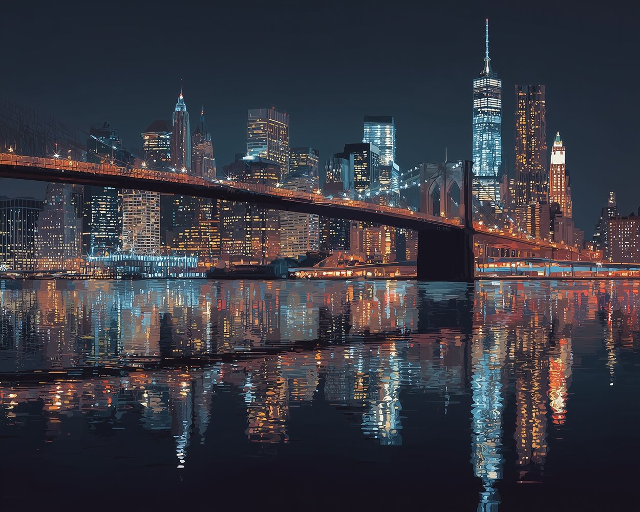 NYC skyline and brooklyn bridge night reflection cross stitch kit for beginners