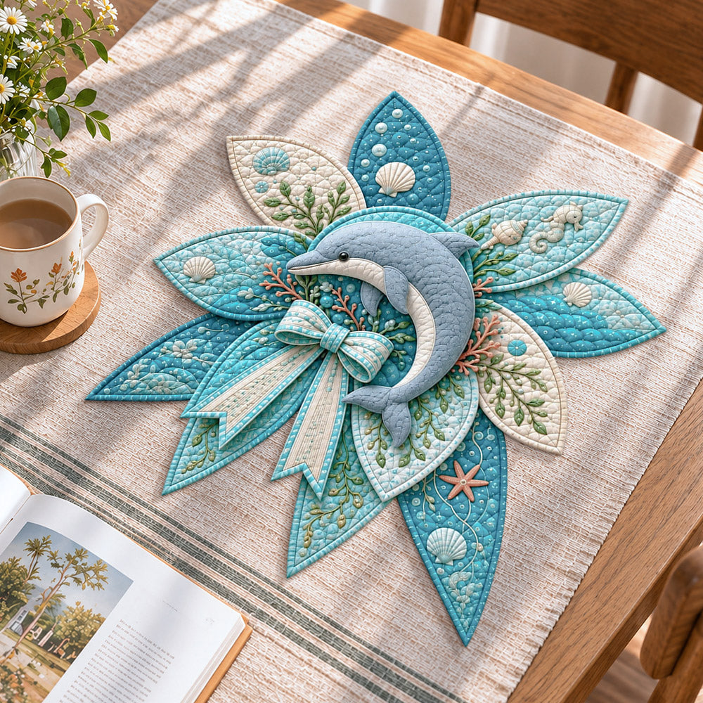 Ocean dolphin handmade quilted bow displayed on a table as seasonal home decor