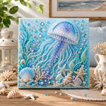 Finished ocean dreamy jellyfish pearl diamond painting artwork displayed as home decor