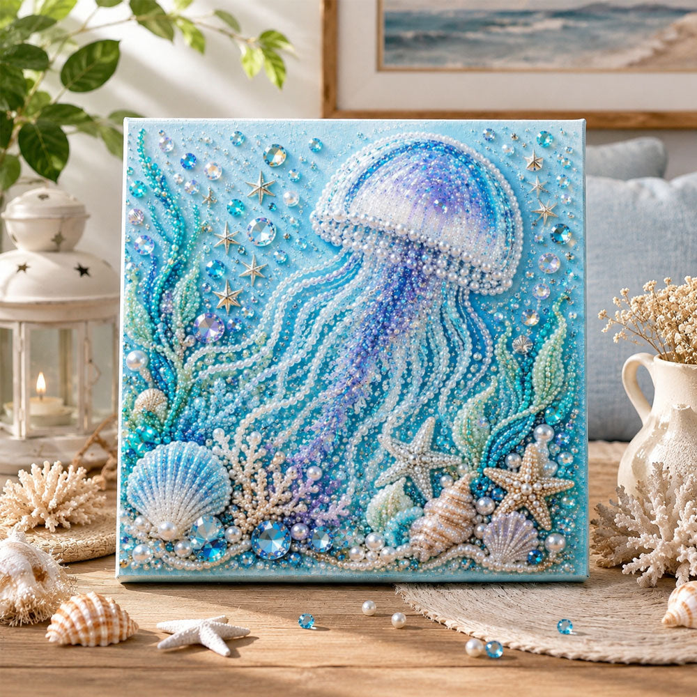Finished ocean dreamy jellyfish pearl diamond painting artwork displayed as home decor