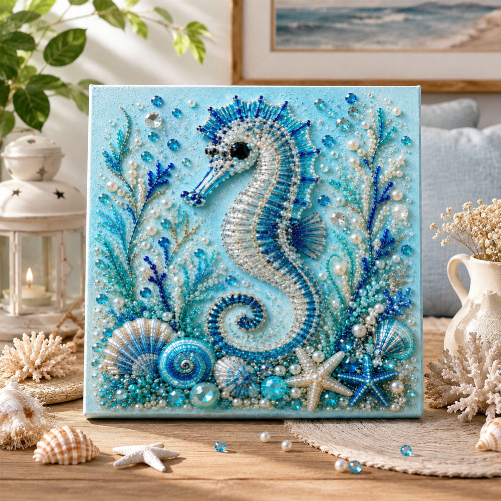 Finished ocean elegant seahorse pearl diamond painting artwork displayed as home decor