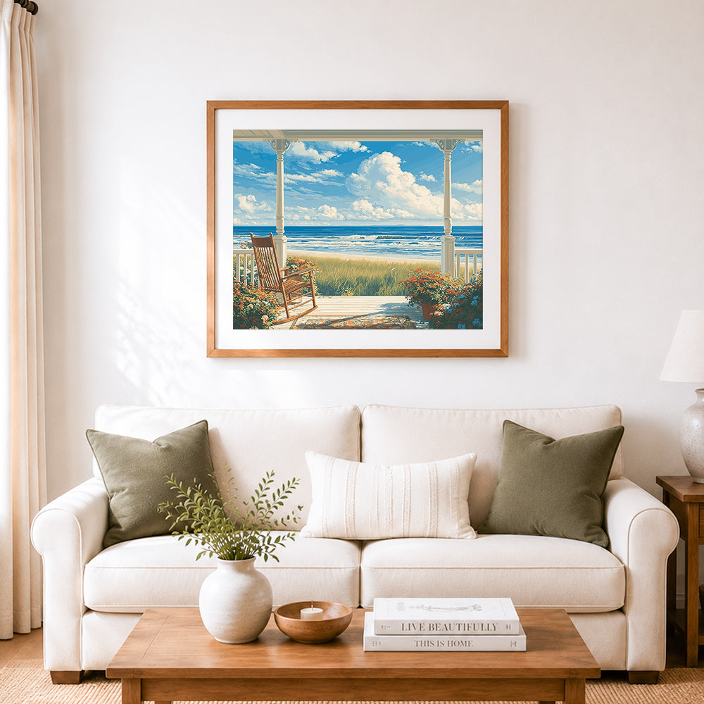 Finished ocean front porch view cross stitch artwork displayed as home decor