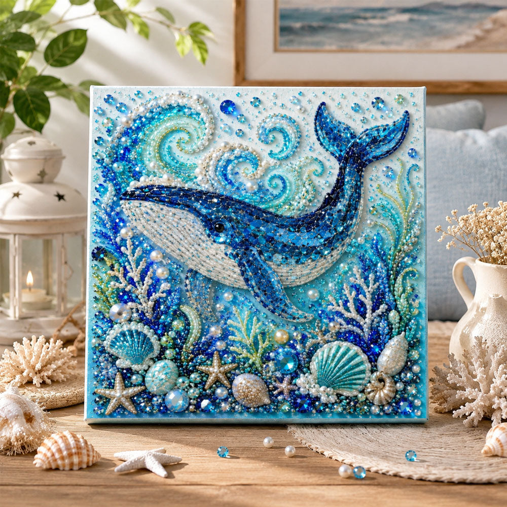 Finished ocean majestic blue whale pearl diamond painting artwork displayed as home decor