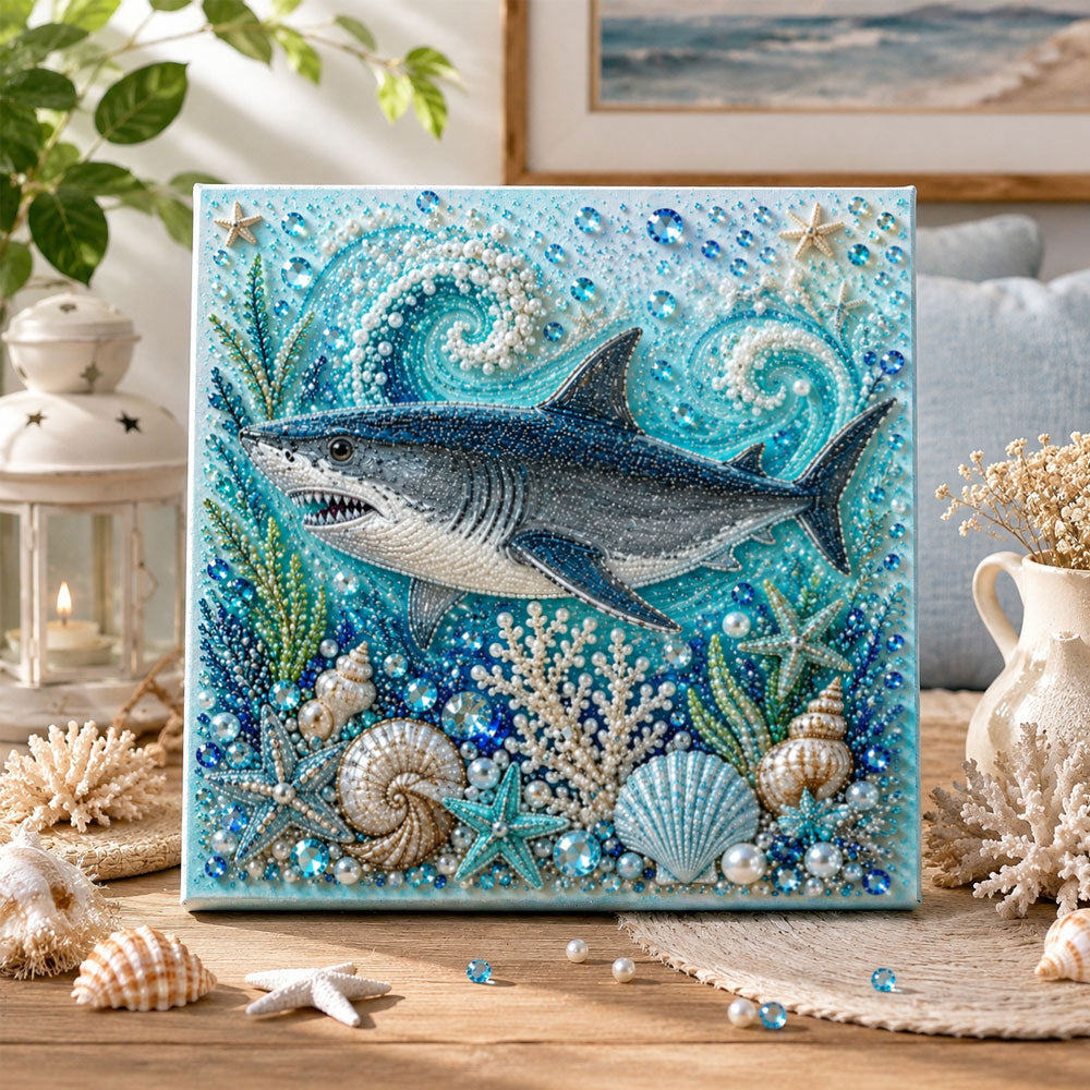 Finished ocean majestic shark pearl diamond painting artwork displayed as home decor