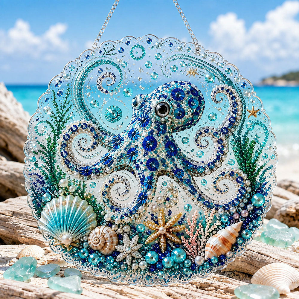 Finished ocean octopus charm pearl diamond painting artwork displayed as home decor