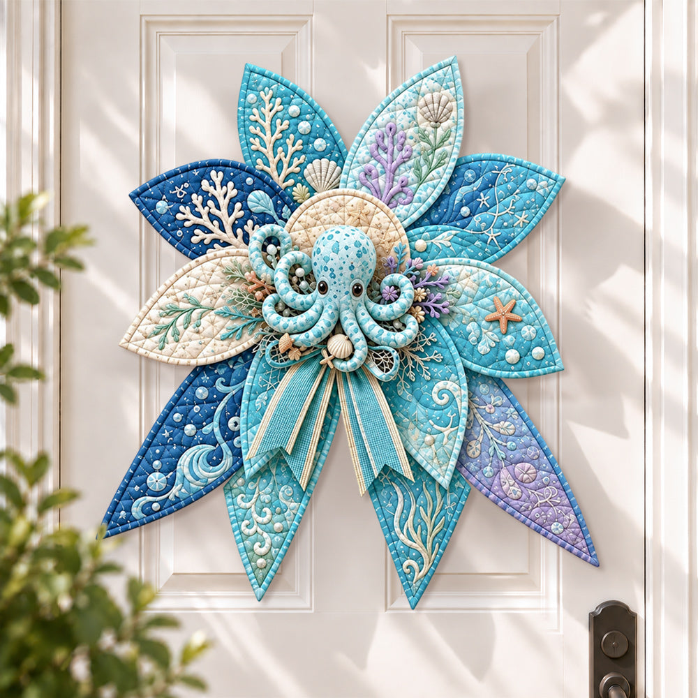 Ocean octopus DIY quilted bow sewing kit finished as a handmade door decoration