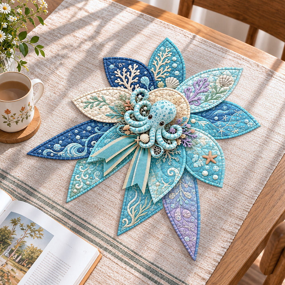 Ocean octopus handmade quilted bow displayed on a table as seasonal home decor